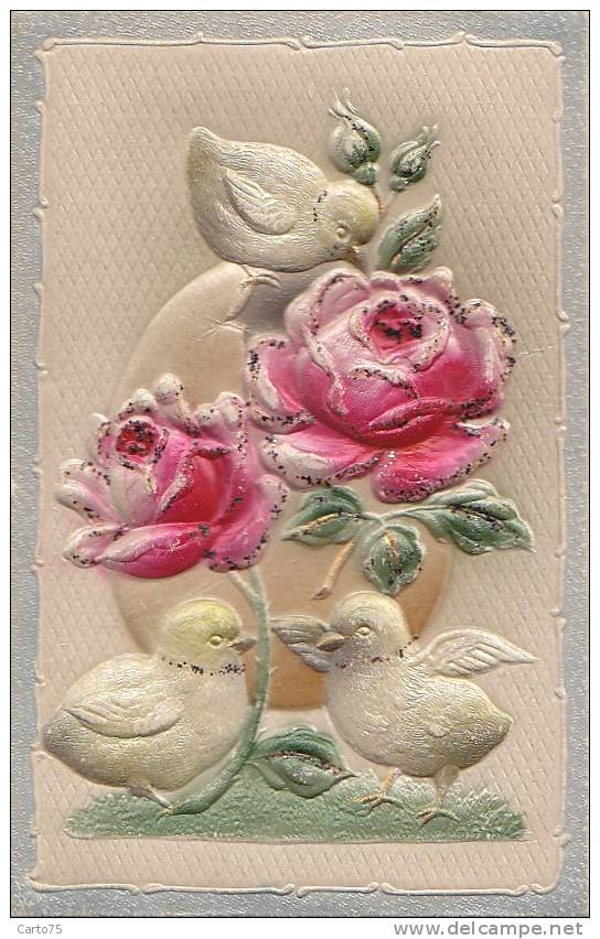 Carte Porcelaine - Fantaisies - Carte Celluloid Gaufrée - Fêtes Pâques Poussins - Rose Et Paillettes - Porcelaine