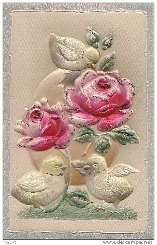 Carte Porcelaine - Fantaisies - Carte Celluloid Gaufrée - Fêtes Pâques Poussins - Rose Et Paillettes - Cartes Porcelaine