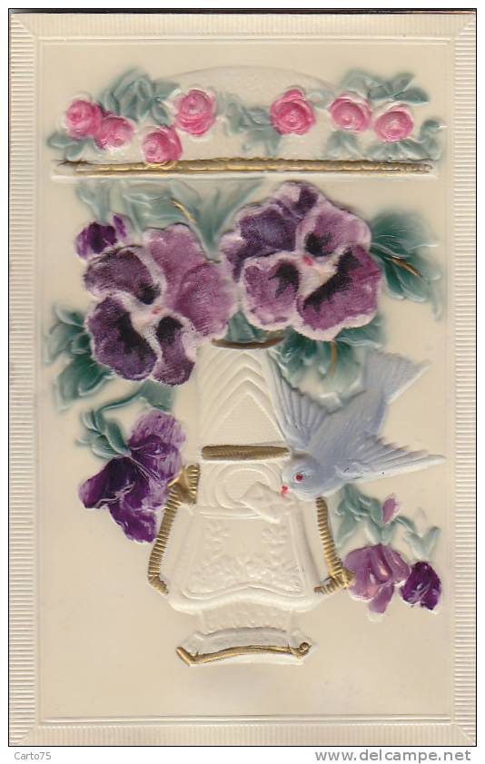 Carte Porcelaine - Fantaisies - Carte Celluloid Gaufrée Peinte - Pensées Tissu - Porcelaine