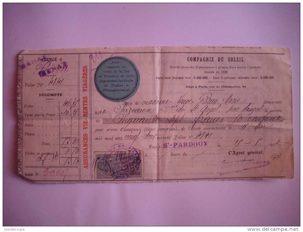 - Assurance Vie , Rentes Viagères - Compagnie Du Soleil , Paris - Agence De Menat 63 - Fait à St Pardoux En 1923 - - Historical Documents