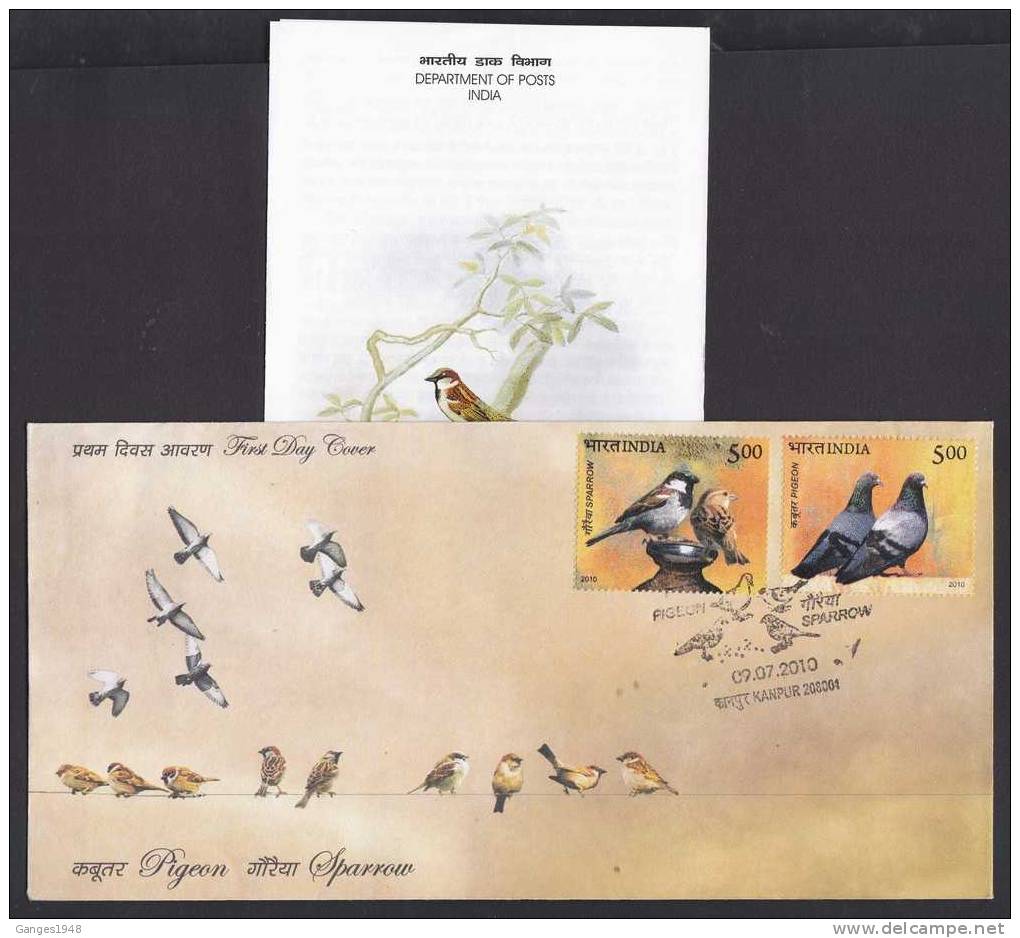 Pegeon & Sparrow  2v  FDC + UNSTAMPED Brochure  # 03654d India Indien  Inde - Spatzen