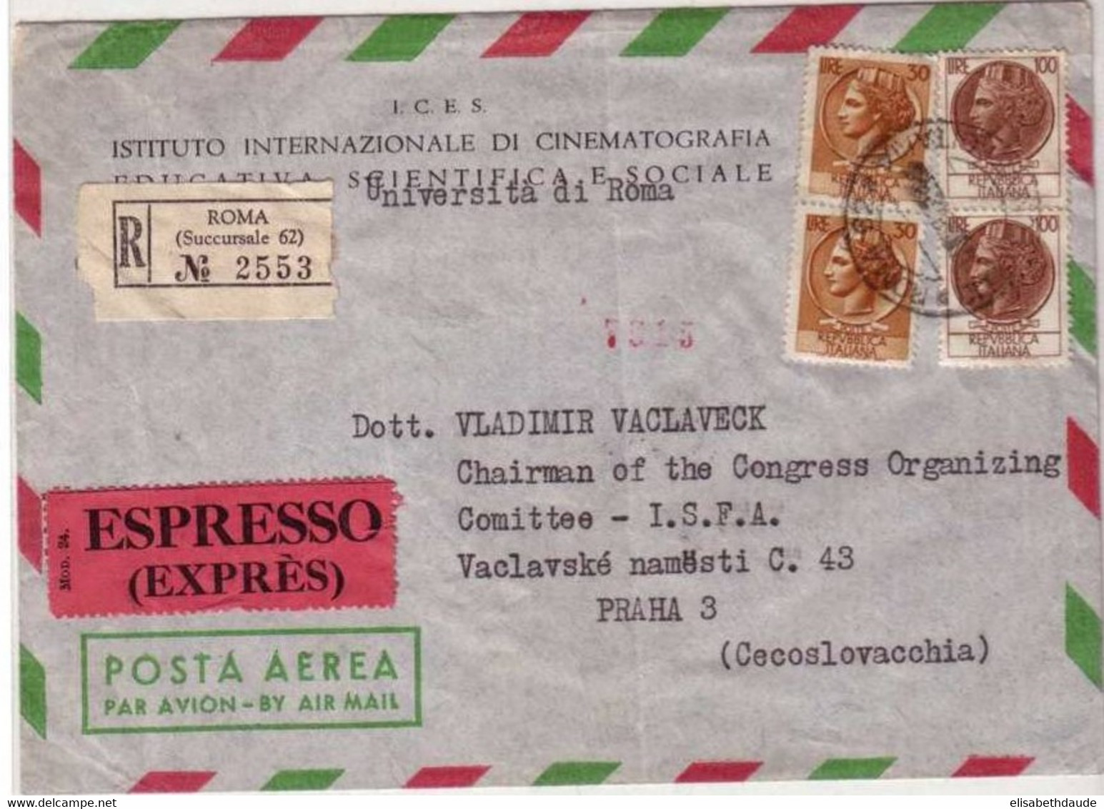 ITALIE - 1960 - Bel AFFRANCHISSEMENT Sur LETTRE RECOMMANDEE AERIENNE Par EXPRES De ROME Pour PRAGUE - Correo Urgente/neumático