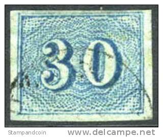 Brazil #38 XF Used 30r Blue Numeral From 1854 - Gebruikt