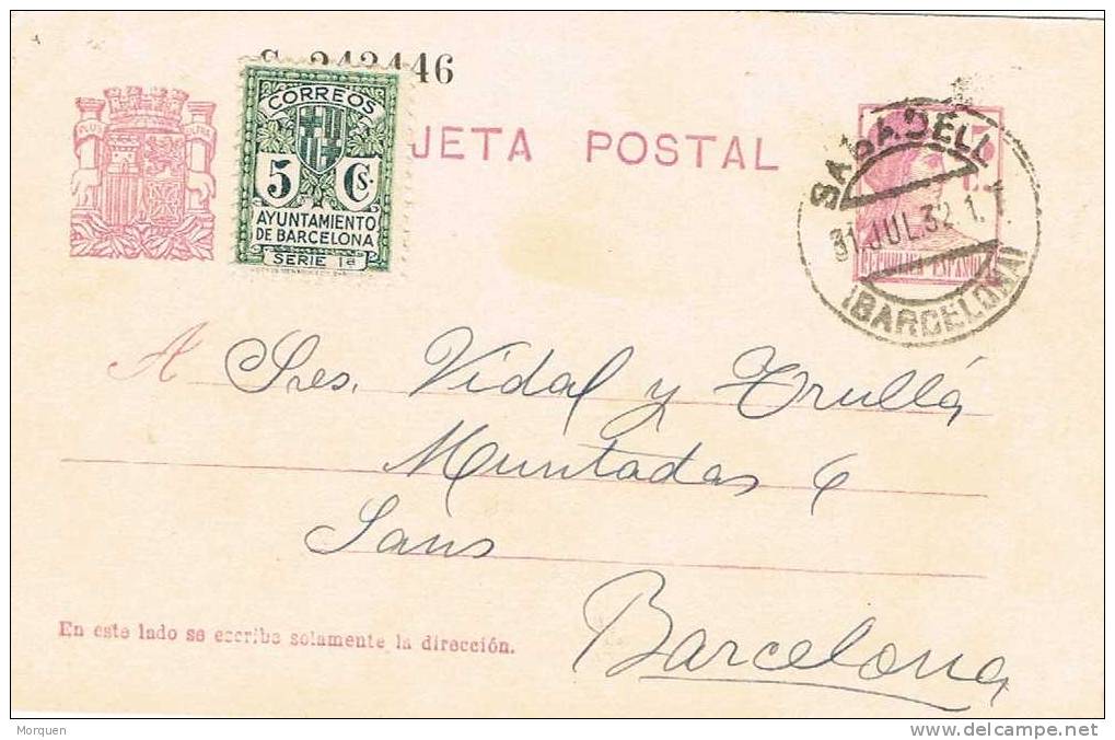 Entero Postal SABADELL (Barcelona) 1932. Sello Recargo Exposicion - 1931-....