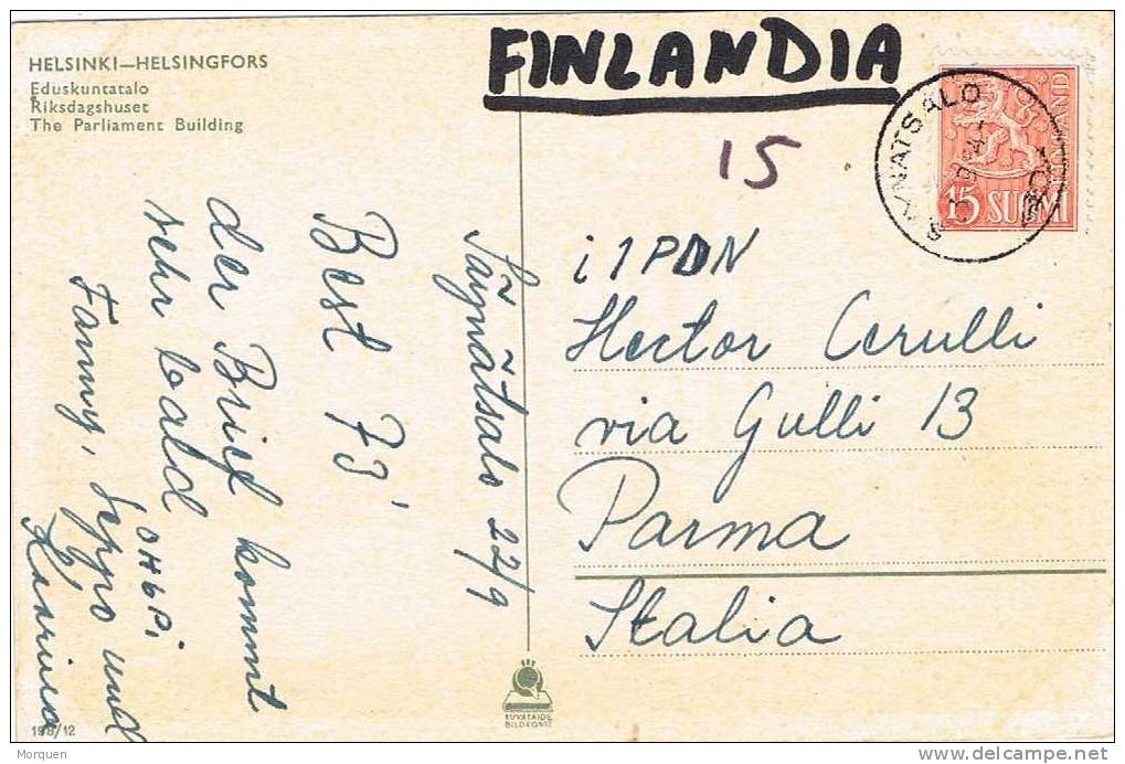 Postal SAYNATSALO (Finlandia) 1954. Parlamento De Helsinki - Lettres & Documents