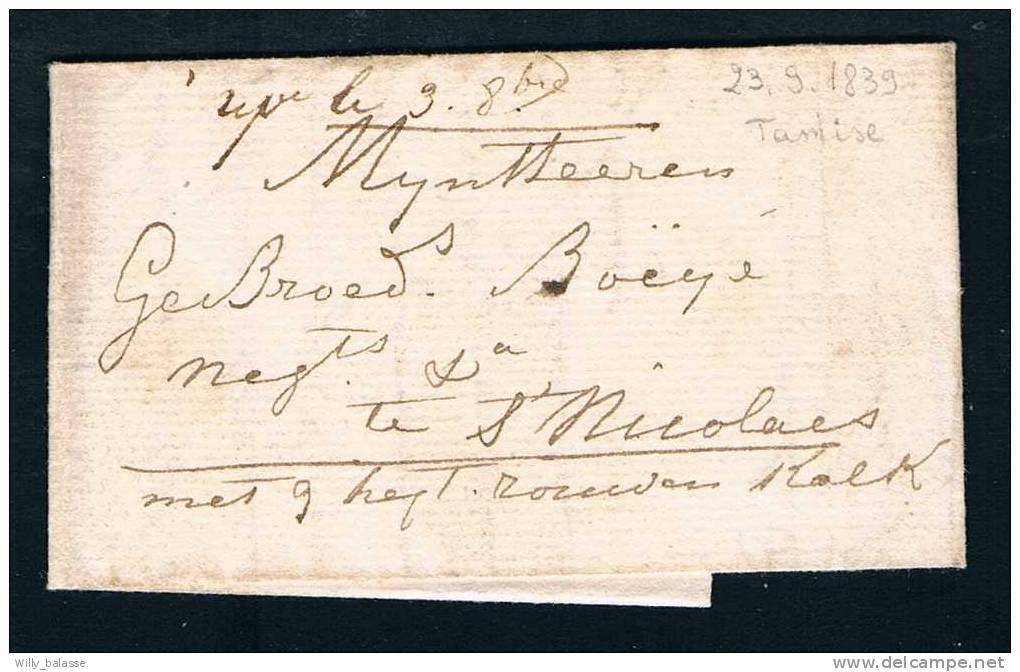 Belgique Precurs 1839 Lettre Datée De Tamise Avec Manuscrit "met 9 Heyt. Rouven Koek" - 1830-1849 (Belgique Indépendante)