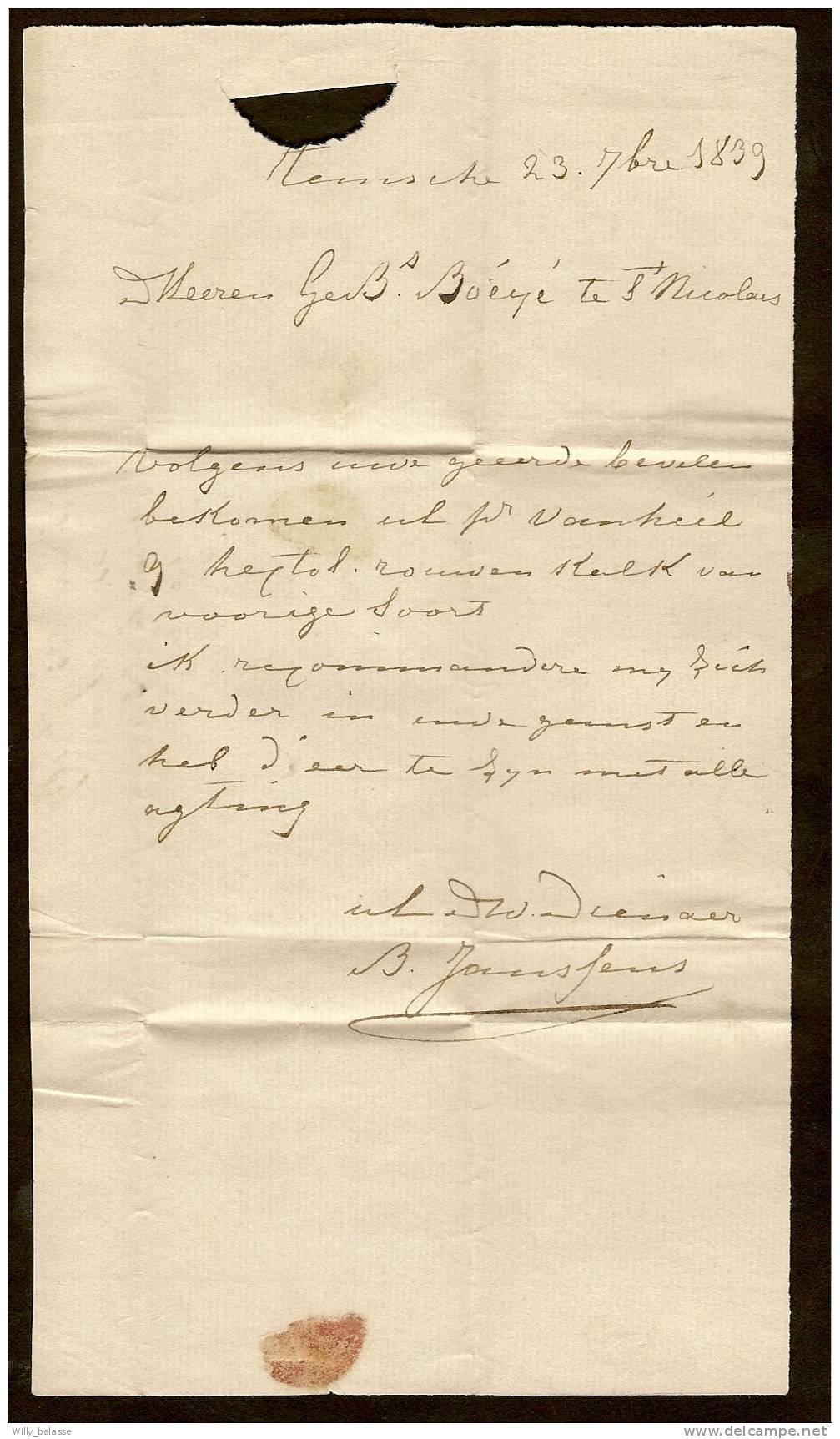 Belgique Precurs 1839 Lettre Datée De Tamise Avec Manuscrit "met 9 Heyt. Rouven Koek" - 1830-1849 (Belgique Indépendante)