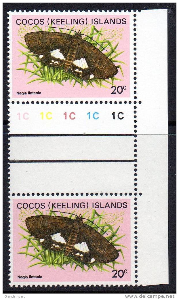 Cocos (Keeling) Islands 1982 Butterflies & Moths 20c Gutter Pair MNH  SG 88 - Kokosinseln (Keeling Islands)