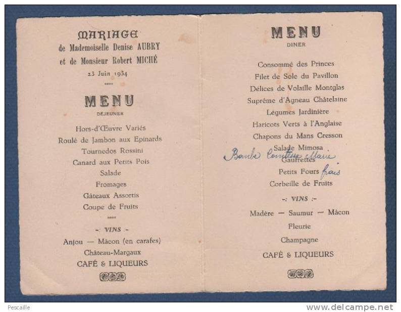 JOLI MENU DE MARIAGE ILLUSTRE DATE DE 1934 - RESTAURANT DU PAVILLON DES PRINCES GRILLE DU BOIS DE BOULOGNE - Menú