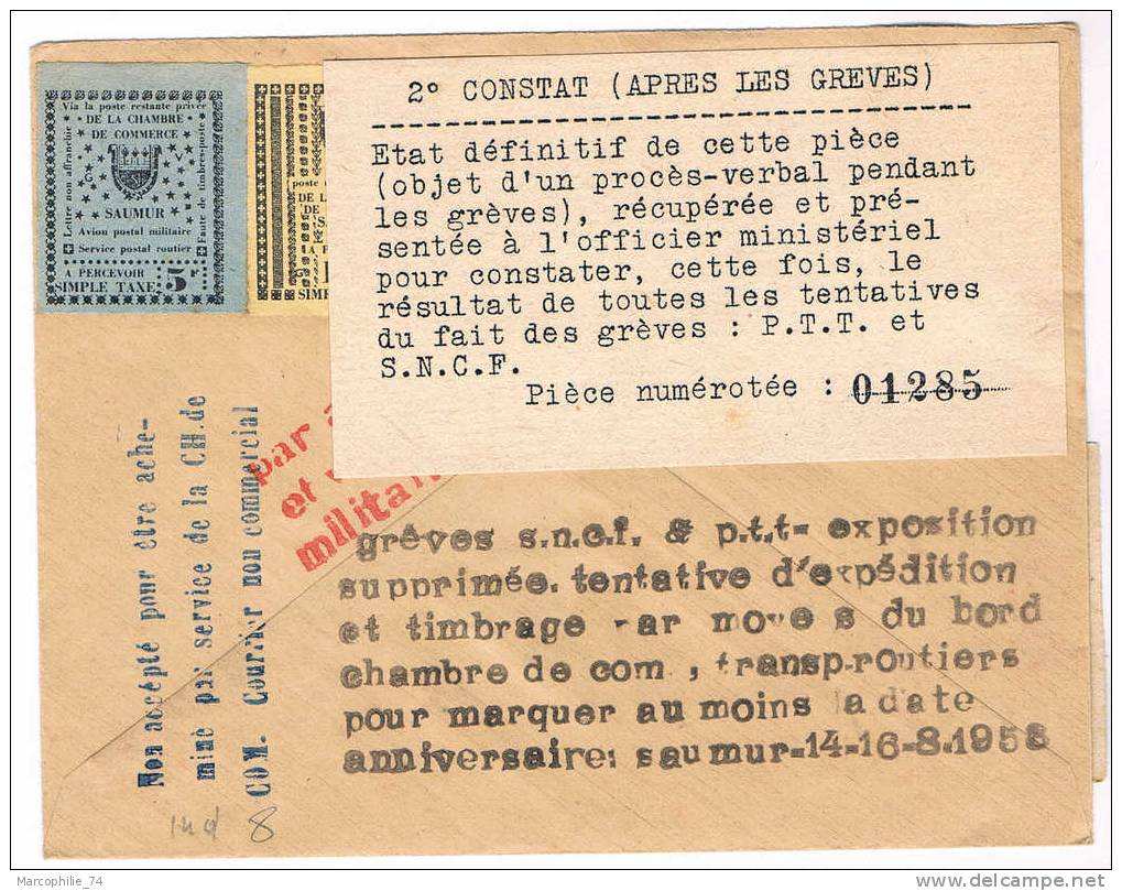 TIMBRES DE GREVE LETTRE SAUMUR HORS SAC 1953 - 1921-1960: Période Moderne