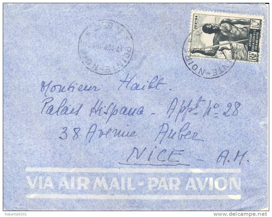 French Equatorial Africa 1950 Commercial Cover From Pointe-Noire To Nice Franked With Single Stamp 10 Fr. - Lettres & Documents