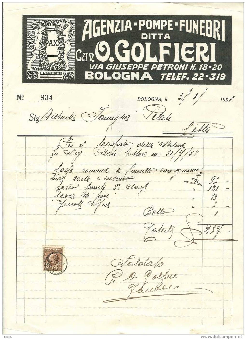 GOLFIERI - BOLOGNA - AGENZIA  POMPE  FUNEBRI - 1938 - FATTURA TRASPORTO SALMA.  MARCA DA BOLLO LIRE UNA . - Italia