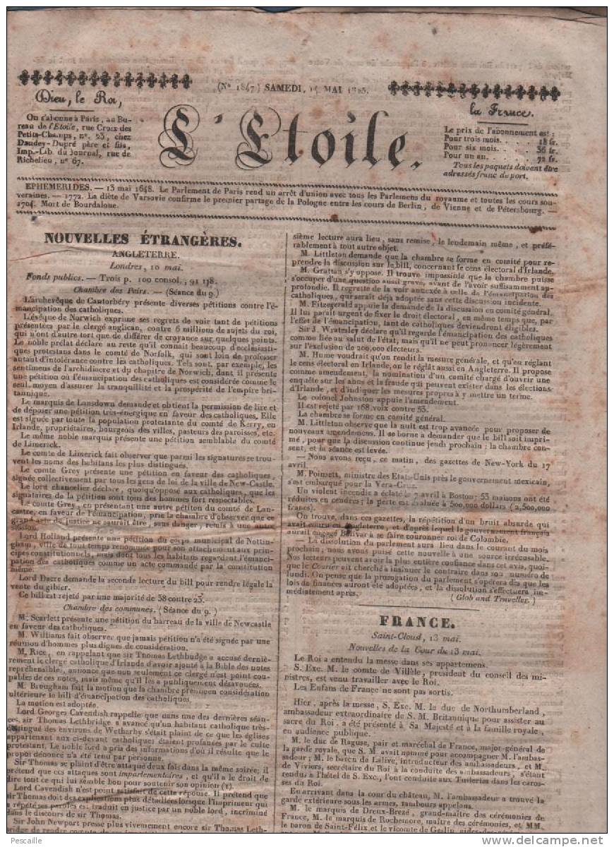 L´ETOILE 14 05 1825 - LONDRES CATHOLIQUES - TUILERIES - RENTES - REIMS - MILAN - AFFAIRES ECCLESIASTIQUES INSTRUCTION - 1800 - 1849