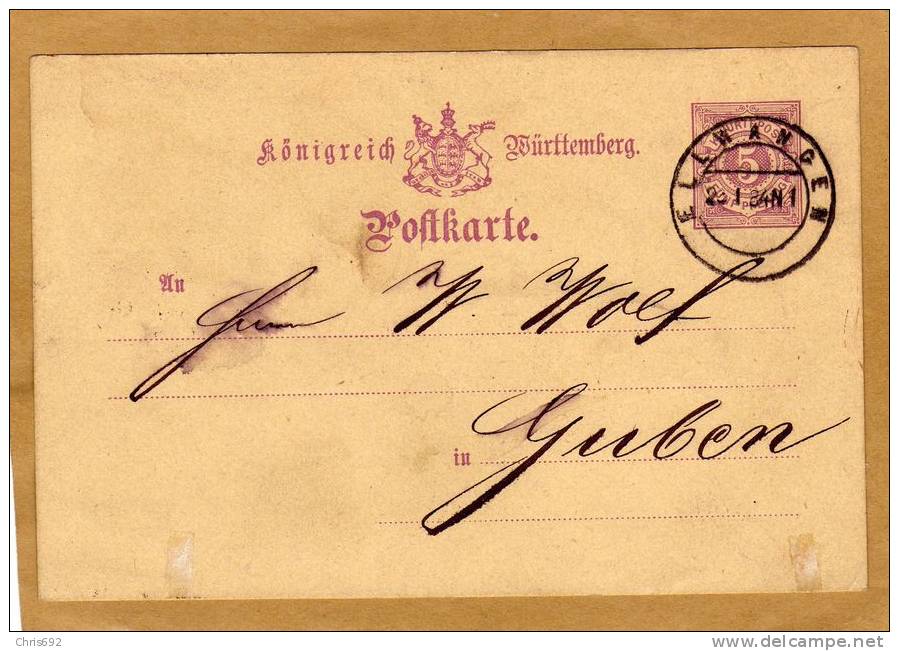 Carte Entier Postal Ganzsache Postkarte Stationary  Wurtemberg 1884 - Sonstige & Ohne Zuordnung