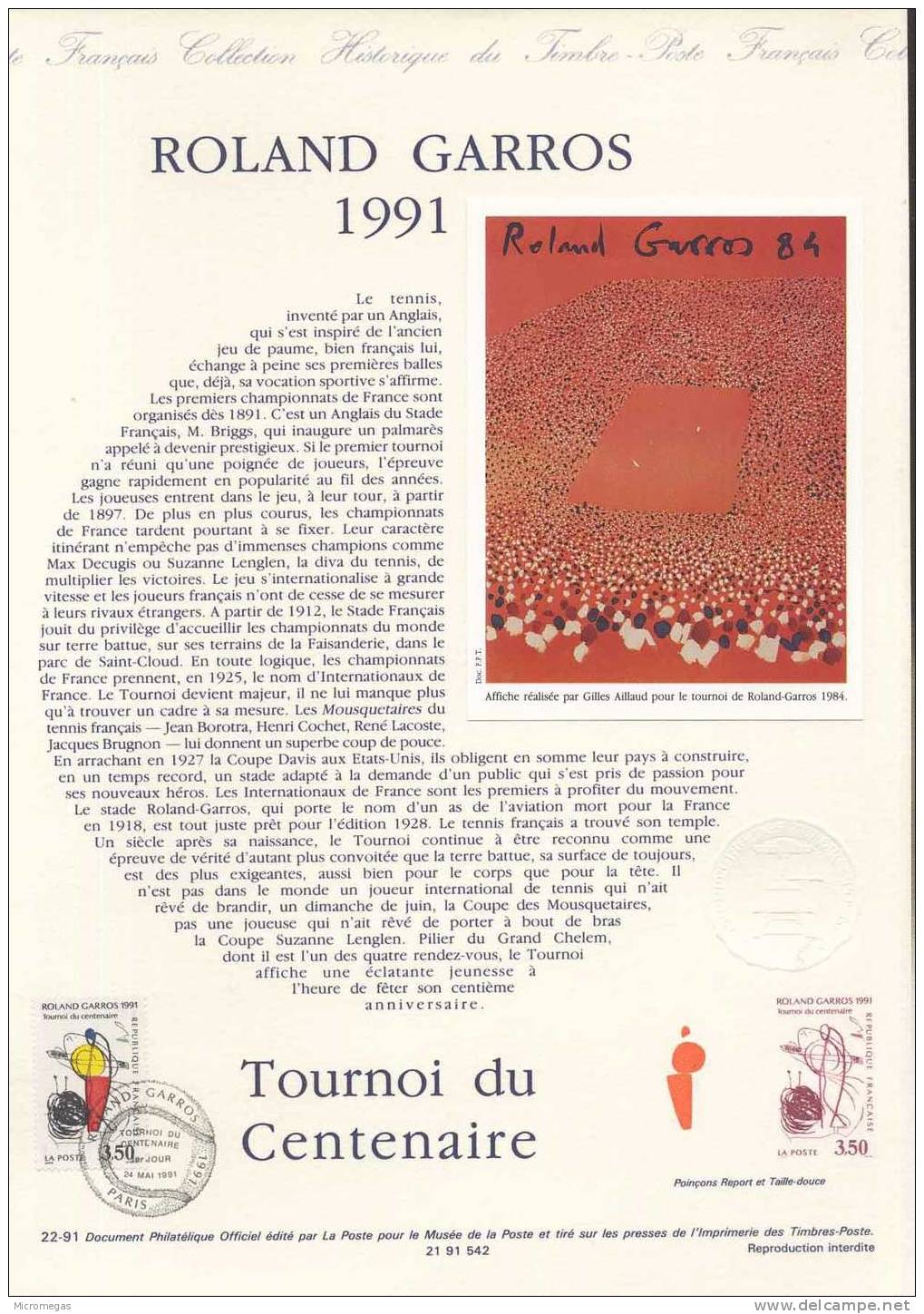 Document Philatélique Officiel De La Poste - Roland Garros 1991 - Paris 24-05-1991 - Documenti Della Posta