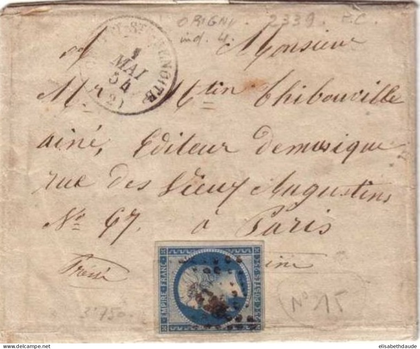 NAPOLEON III - 1854 - YVERT N°15 (RARE !) Sur LETTRE De ORIGNY PC2339 (AISNE) Pour PARIS - - 1853-1860 Napoléon III