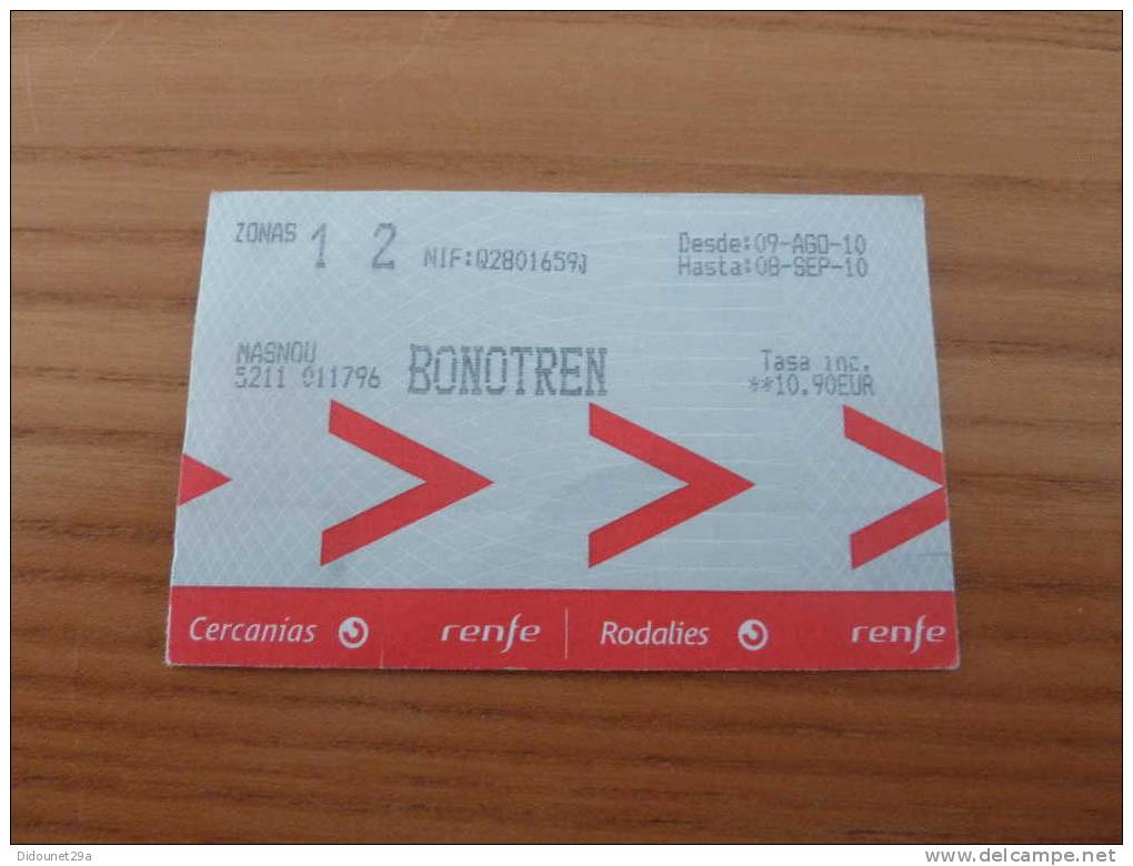 Ticket De Transport "renfe Rodalies - BONOTREN" Barcelonne ESPAGNE - Europe