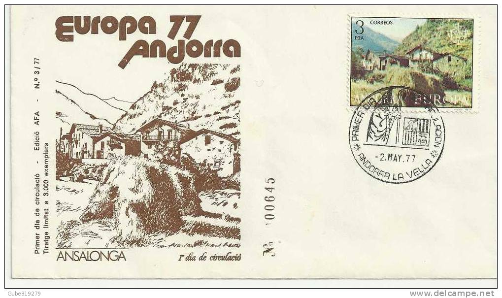 EUROPA  ANDORRA-1977-EUROPA/EUROP     E  SPANISH OFFICE  FDC WITH 1 STAMP OF 3 PESETAS  POSTMARK  2 MAY  1977 - 1977