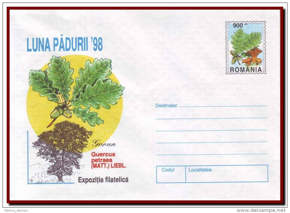 Romania Roumanie 1998 - Forest Month 2 Stationery Covers, Mushrooms & Trees, Mois De La Forêt Entier - Enteros Postales