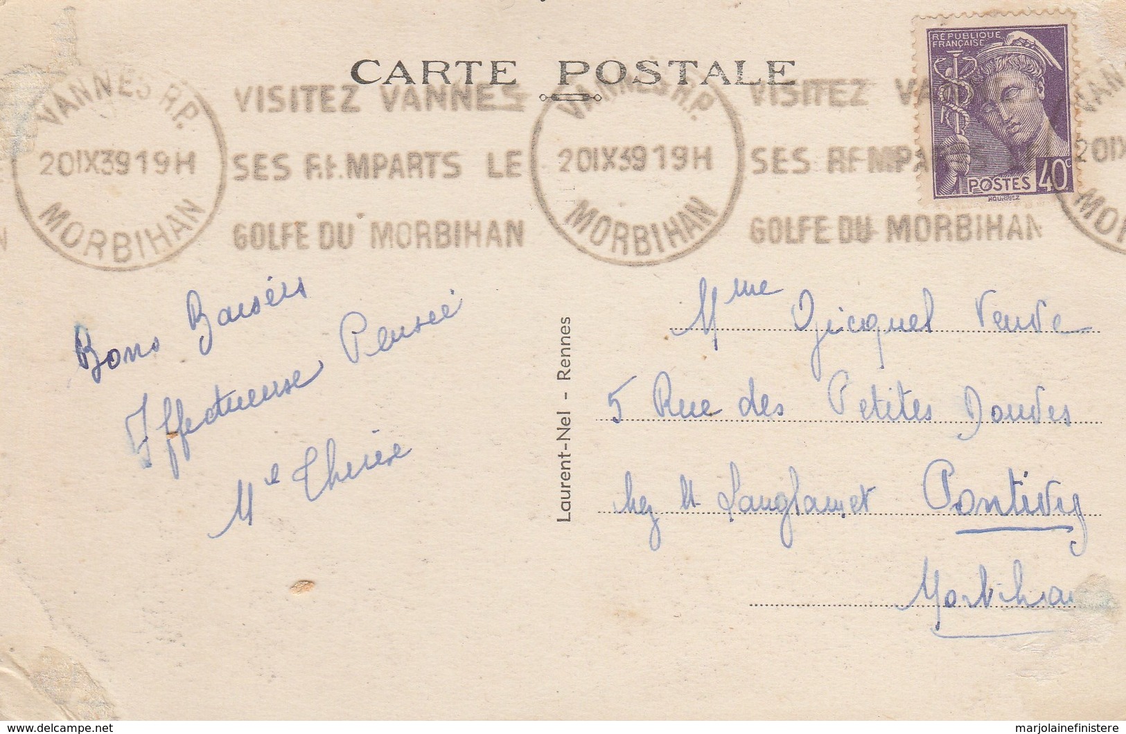 Dép. 56 - Vannes. - La Tour Du Connétable Et Les Remparts. - Laurent-Nel, Rennes N° 1914. Voyagée 1939 - Vannes