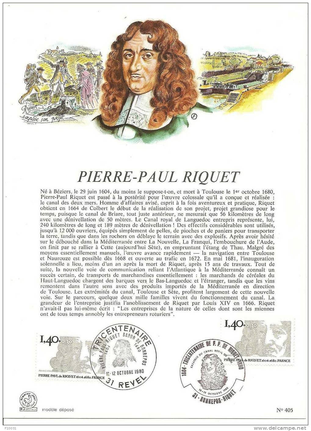 Document 1er Jour Tricentenaire De La Mort De Pierre-Paul Riquet - Covers & Documents