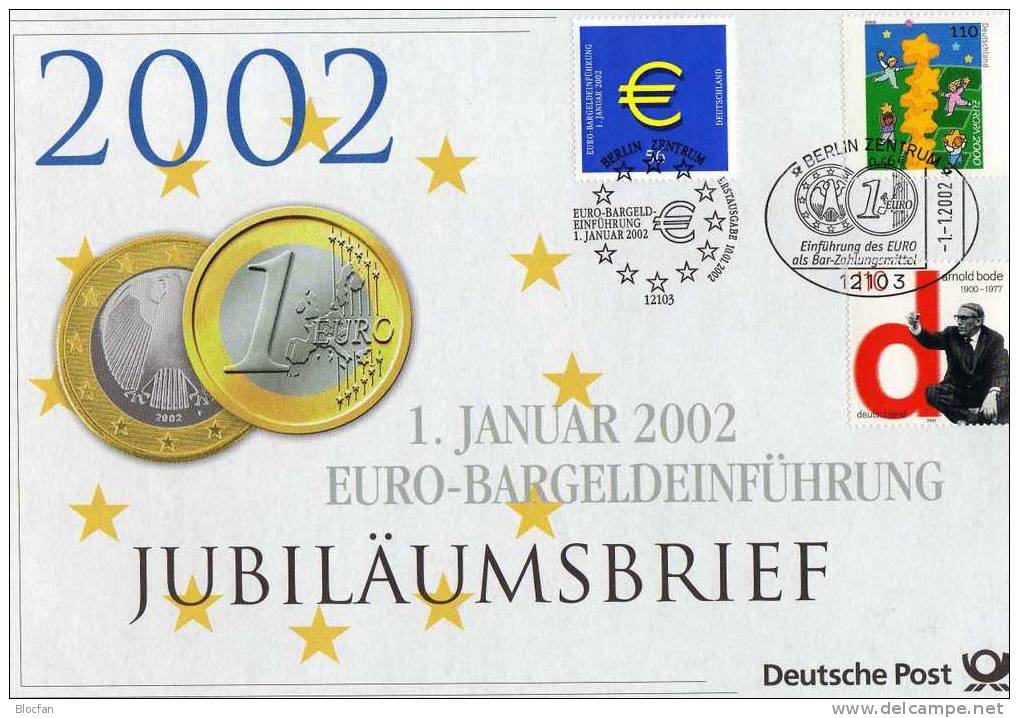 EURO-Einführung Offizieller Brf.1/2002 BRD 2234,2113 O 10€ Jubiläums-Brief €-Symbol CEPT Sternen-Turm Cover Germany - Joint Issues