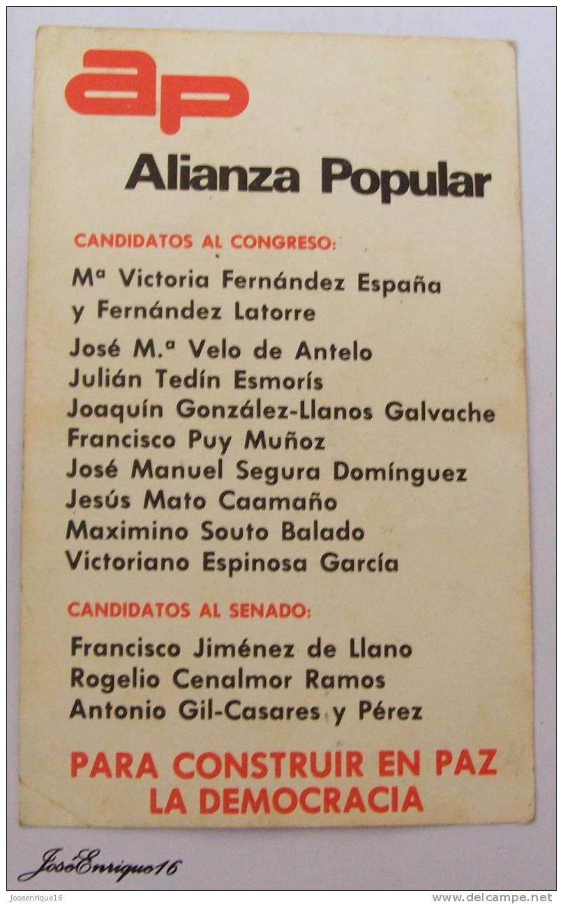 ALIANZA POPULAR, PARA CONSTRUIR EN PAZ LA DEMOCRACIA. CANDIDATOS SENADO Y CONGRESO. - Parteien & Wahlen