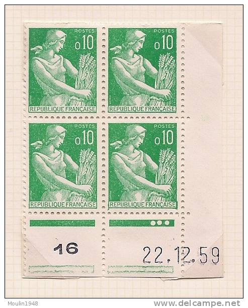 Bloc De 4  YT  1231 Type Moissonneuse 0,10 F Vert  Coin Daté  Du   22-12-59 - 1960-1969