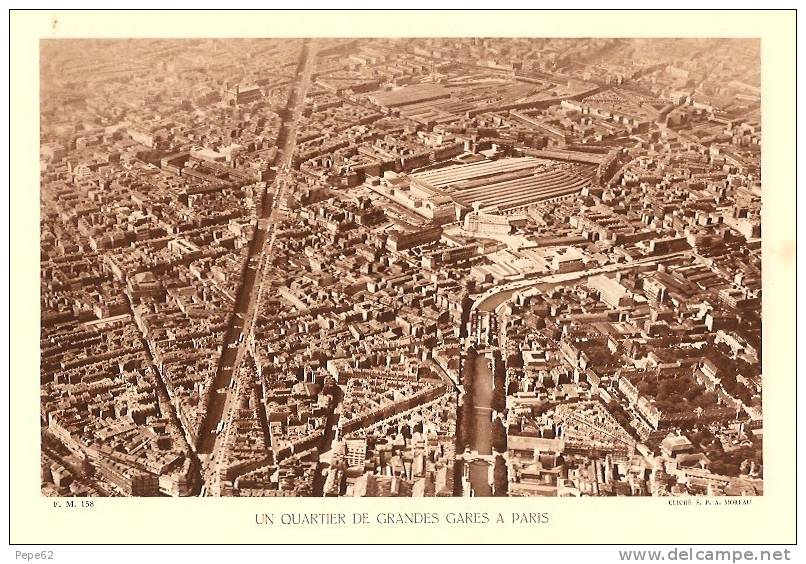 Paris-vue Aérienne-gares De Nord -gare De L'est-quartier De Grandes Gares-photographie En Héliogravure-21x29 -1933 - Places