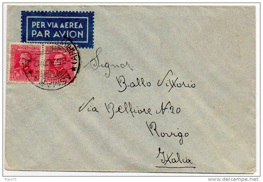 ASMARA - ROVIGO - Cover  / Lettera  6.5.1936   - Multipli  Cent. 75 X 2    PER VIA  AEREA - Eritrea