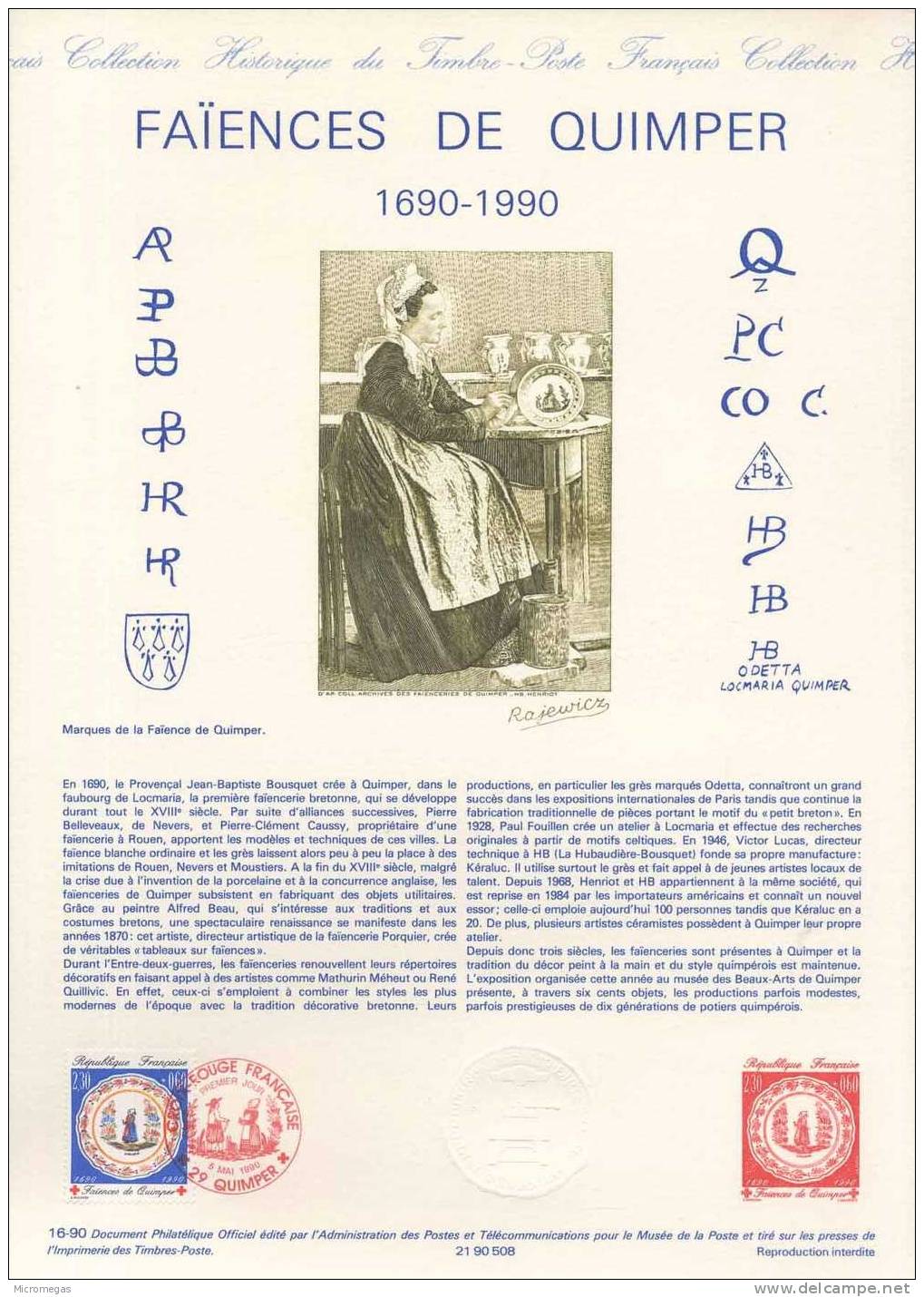 Document Philatélique Officiel De La Poste - Faïences De Quimper 1690-1990  -  05-05-1990 - Documents De La Poste