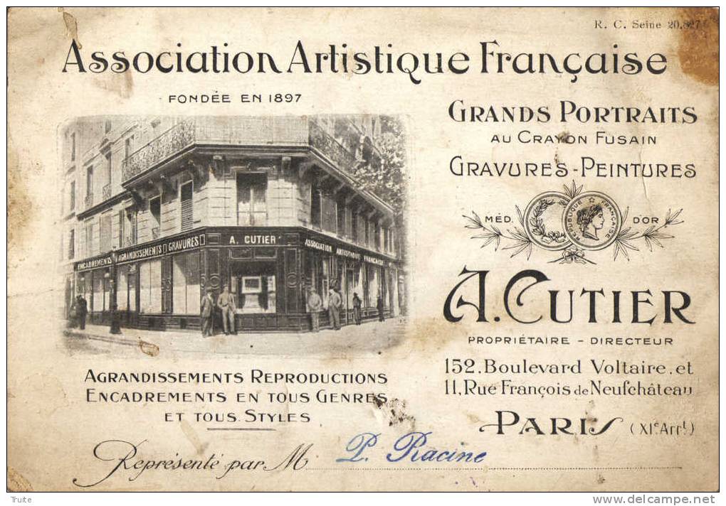 PARIS  ASSOCIATION ARTISTIQUE FRANCAISE  A CUTIER 152 BD VOLTAIRE - Distrito: 11