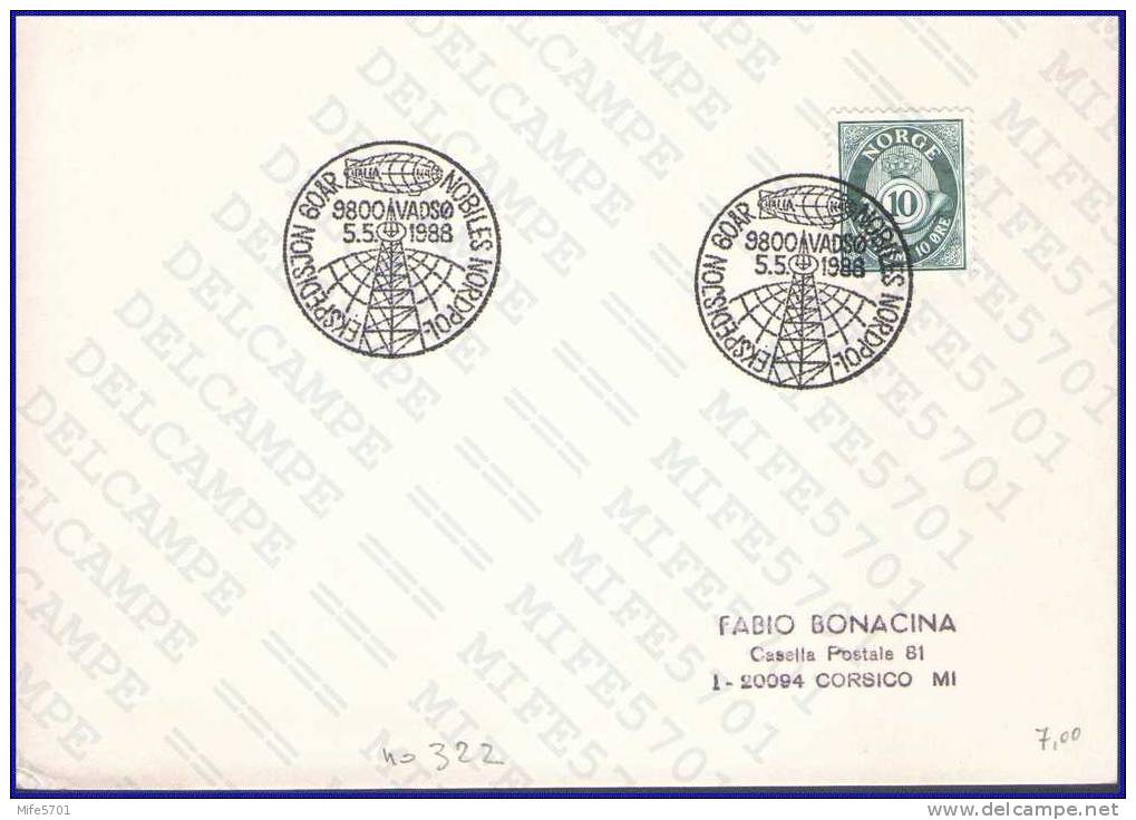 CARTONCINO: EKSPEDISJON 60 AR NOBILES NORDPOL - 9800 VADSO 5.5.1988 - 10 ORE - CAT. UNIFICATO NUM. 322 - Storia Postale