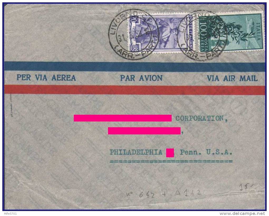 BUSTA CON NUM. 642 + A142 (TORRE DEL CAMPIDOGLIO 1948) POSTA AEREA: - DA LIVORNO 31.5.53 - L. 20 + 100 - 1946-60: Storia Postale