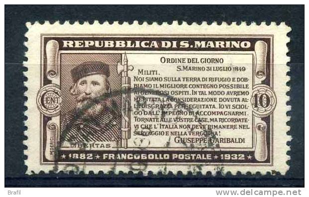 1932 San Marino, Morte Garibaldi , Valore Da Cent.10 Usato - Oblitérés