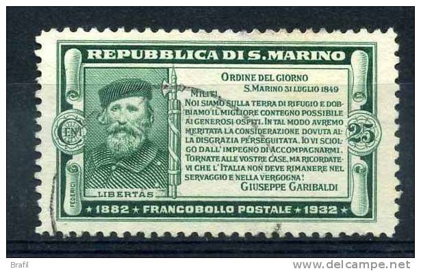 1932 San Marino, Morte Garibaldi , Valore Da Cent.25 Usato - Oblitérés