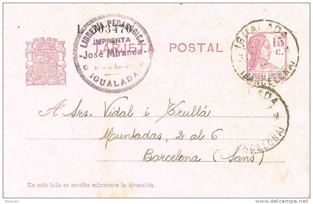 Entero Postal IGUALADA (Barcelona) 1935. Republica - 1931-....