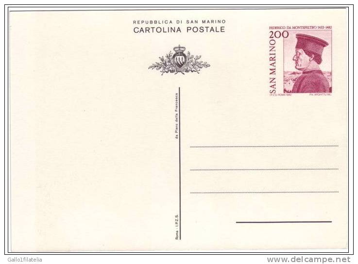 1982-S.MARINO-CARTOLINA FEDERICO DA MONTEFELTRO. (C.54) - Entiers Postaux