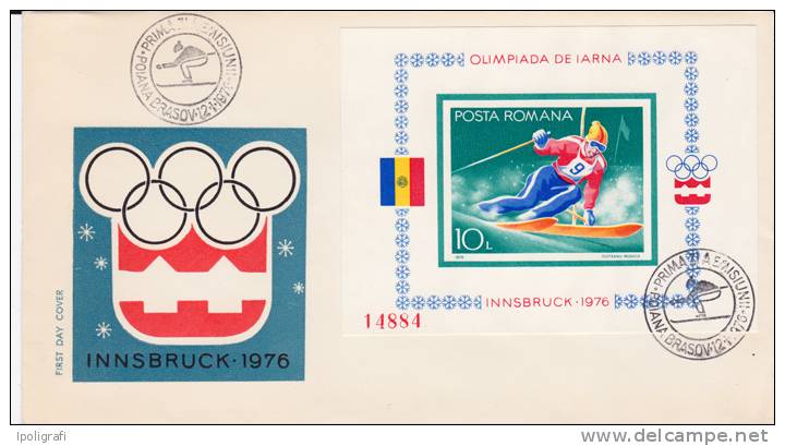 Romania - 1976 - First Day Cover - Winter Olympic Games In Innsbruck - Souvenir Sheet Imperforated - 12-1-1976 - Winter 1976: Innsbruck