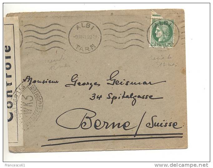 1042$$$ 1941 Francia France 2,50f Isolato Solo Cover To Suisse Censura MIlitare - Storia Postale