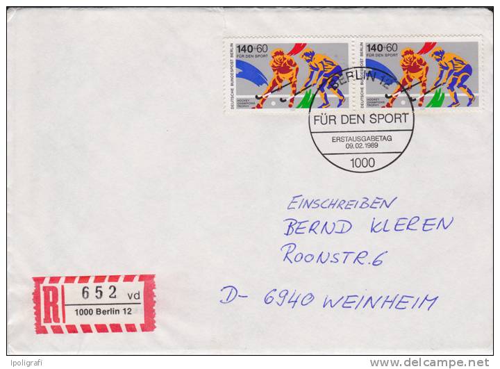 Germany-Berlin - 1989 - Registered FDC - Hockey Champions Trophy - 9-2-89 To Weinheim - Rasenhockey