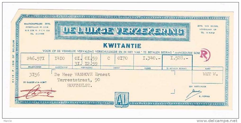 Kwitantie 'De Luikse Verzekering' 1960 - Andere & Zonder Classificatie