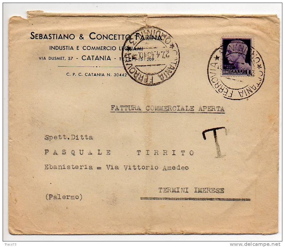 CATANIA - TERMINI IMERESE  -  Cover / Lettera  Pubblicitaria  10.11.1944 - Imperiale  Lire 1 - Marcophilia
