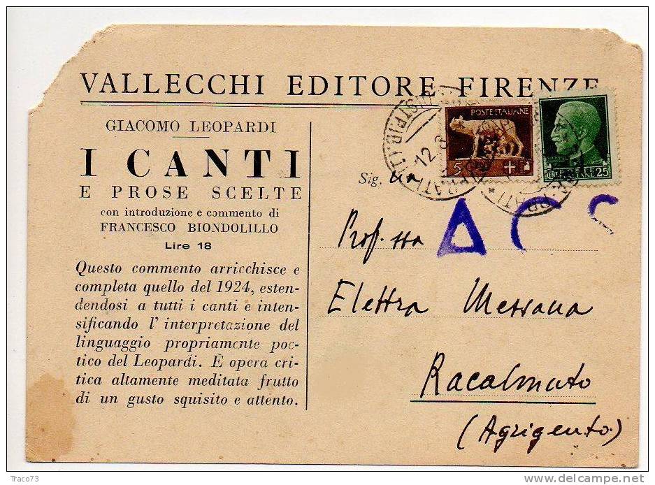 ROMA - RACALMUTO  -  Card / Cartolina  A.C.S.  Pubblicitaria  12.8.1944 - Imperiale  Lire 5 + 25 Cent. - Marcophilie