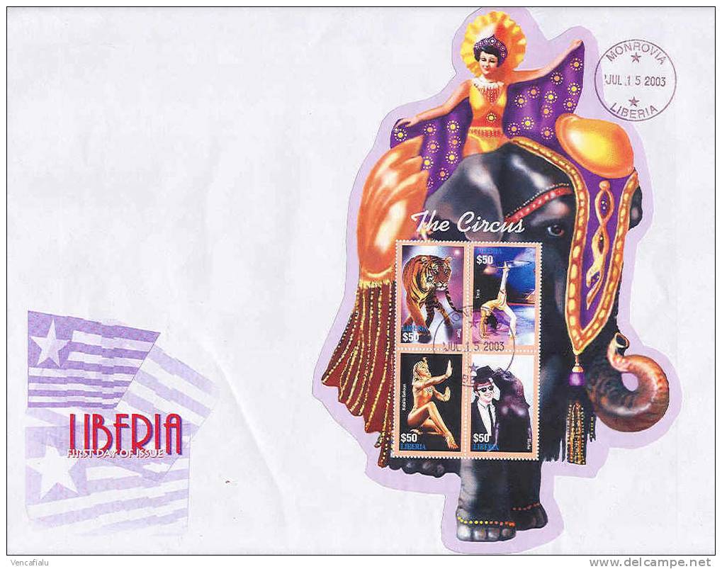 Liberia 2003 - Circus, Elephant, FDC With S/S, Big Cover - Elefanten