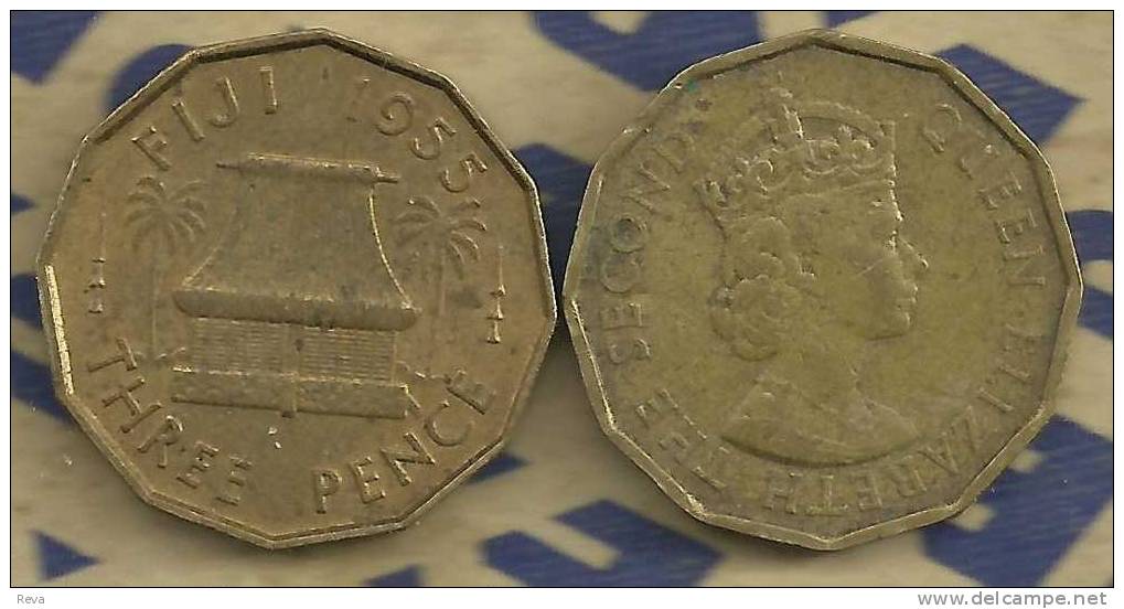 FIJI  3 PENCE  TRADITIONAL  HUT PALMS  FRONT QEII HEAD BACK  1955  READ DESCRIPTION CAREFULLY !!! - Fiji