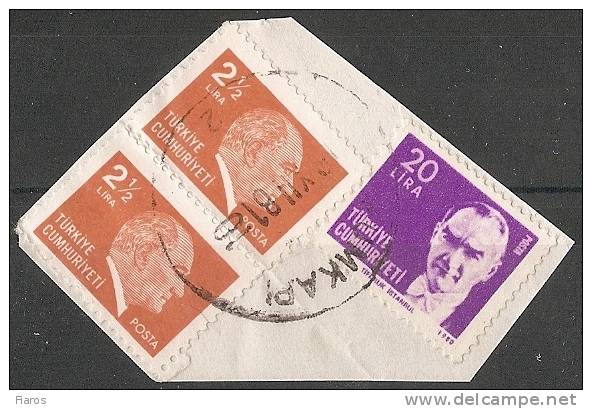 1981-Turkey- "Kemal Ataturk" 2,5l+20l Stamps Used On Fragment - Oblitérés