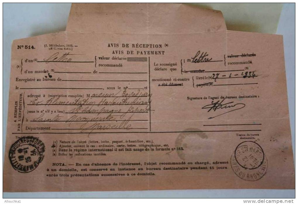 ARMENIA DOCUMENT POSTAL N°517 AVIS RECEPTION LETTRE Recommandé TELEGRAMME ROSE+TIMBRE SEUL PAIX 75CT+RECEPISSé+COURRIER - Telegraph And Telephone