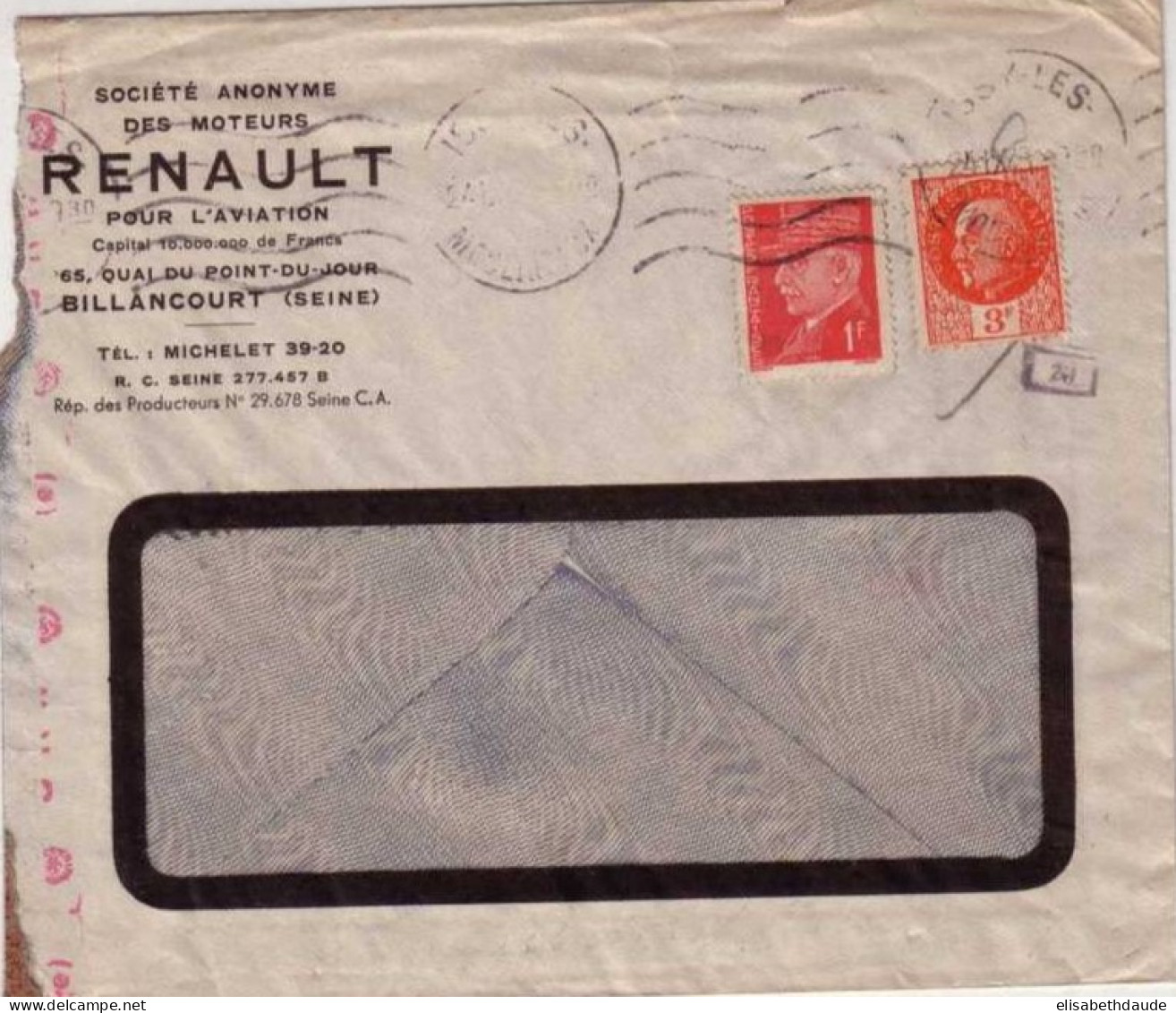 PETAIN - 1943 -YVERT N°521+514 Sur LETTRE COMMERCIALE (RENAULT  AVIATION) Avec CENSURE ALLEMANDE D'ISSY - TARIF à 4F - 1941-42 Pétain