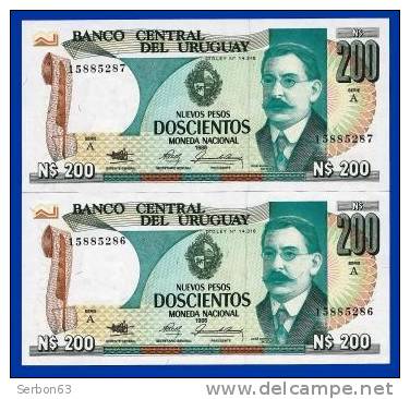 PAIRE BILLETS MONNAIE NEUFS URUGUAY AMERIQUE SUD 200 NUEVOS PESOS BANCO CENTRAL 3 SIGNATURES N°15885287 Et 286 J E RODO - Uruguay